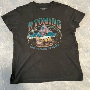 Mighty Fine Black Tee with Teal, Pink & Yellow Wyoming Graphic